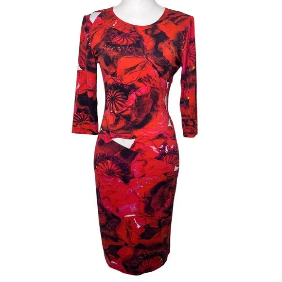 Preen By Thornton Bregazzi 3/4 Sleeve Patterned Bodycon Dress Red Black Size XS - Picture 3 of 14